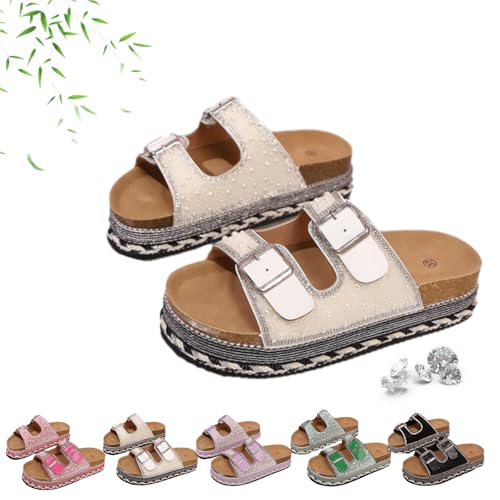 Damen Vielseitige Strass Plateau Hausschuhe Sommer Mode Doppelschnalle Strass Plattform Hausschuhe mit Perlenakzenten Bequeme Open Toe Slip-On Sandalen, weiß, 0 UK von AMOUSDRDR