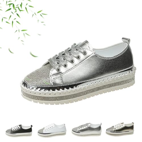 Glitzernde Strass Orthopädische Damen-Sneaker, glitzernde Strass-Mode, leicht, atmungsaktiv, Slip-On-Plateau-Sneaker, silber, 39 EU Glitzernde Strass Orthopädische Damen-Sneaker, glitzernde Strass-Mode, leicht, atmungsaktiv, Slip-On-Plateau-Sneaker, silber, 39 EU von AMOUSDRDR