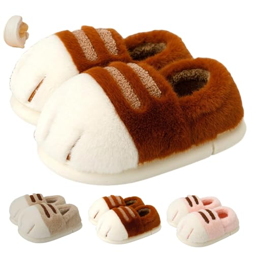 Katzen Hausschuhe Damen - Lustige Katzenpfoten Hausschuhe mit Plüsch - Gemütliche Tier Halloween Hausschuhes, Warm & Weich (Coffee,36) von AMOUSDRDR