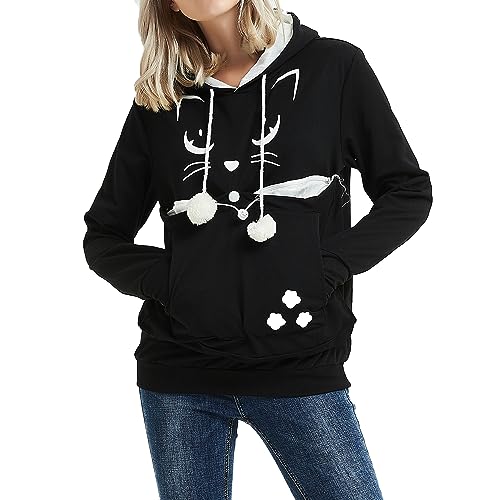 AMOYUN Schwarz Frauen Kapuzenpullover mit Katzen Hund Großen Tasche, Mode Unisex Katze Ohr Langarm Hoodie Sweatshirt Kapuze Hoodie Hundetasche für Haustier Hund Katze Halter… von AMOYUN