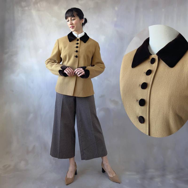 Vintage Brauner Woll Blazer 1980Er Jahre Camel Jacke Mit Samt Details - L von AMPARITOvintage