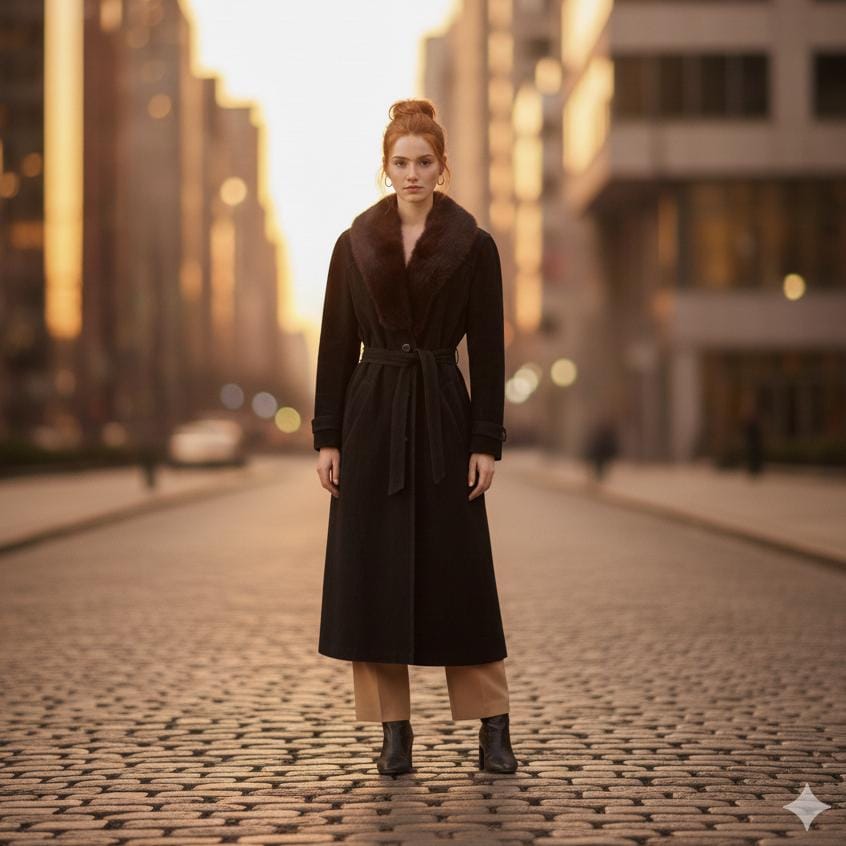 Vintage Schwarzer Wildleder Trenchcoat Mit Pelzkragen, 1970Er Damen Lange Wildlederjacke Gürtel, 70Er Jahre Elegante Schwarze Jacke - S/M von AMPARITOvintage