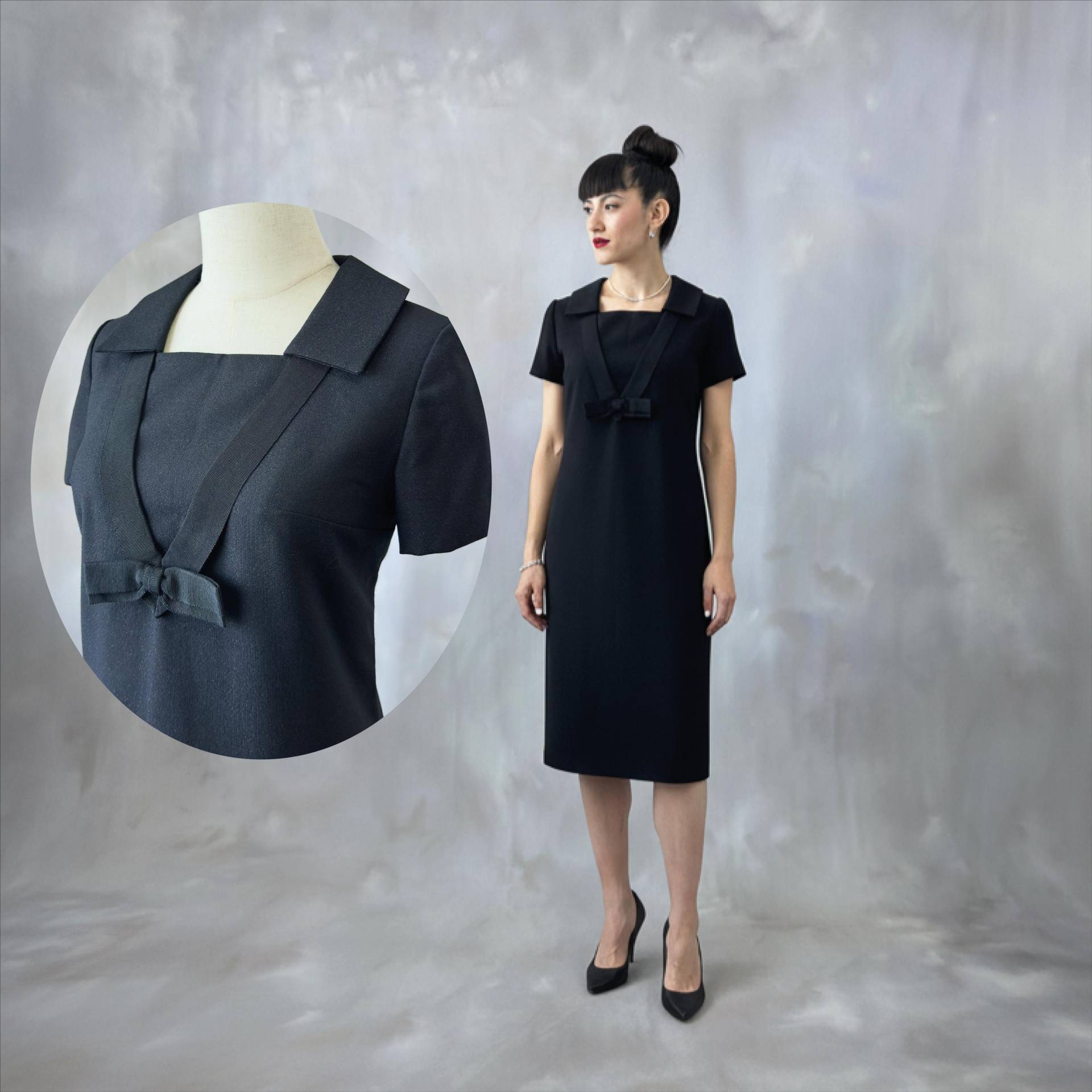 Vintage Schwarzes Etuikleid, 60Er Jahre Stil Schimmernde Kurzärmliges, Gerades Midikleid Mit Matrosen Schleife Und Kragen, Mod Kleid - M von AMPARITOvintage