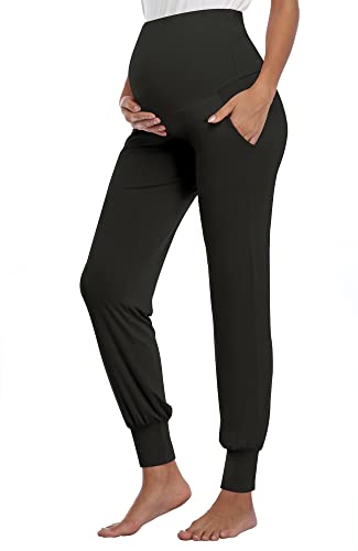 AMPOSH Damen-Umstandshose, dehnbar, Lounge, Workout-Hose, lässig, lässig, bequem, Schwangerschafts-Jogginghose mit Taschen, A03 Schwarz, Groß von AMPOSH