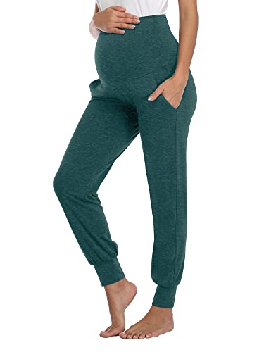 AMPOSH Damen-Umstandshose, dehnbar, Lounge, Workout-Hose, lässig, lässig, bequem, Schwangerschafts-Jogginghose mit Taschen, Heather Hunter Green, Klein von AMPOSH