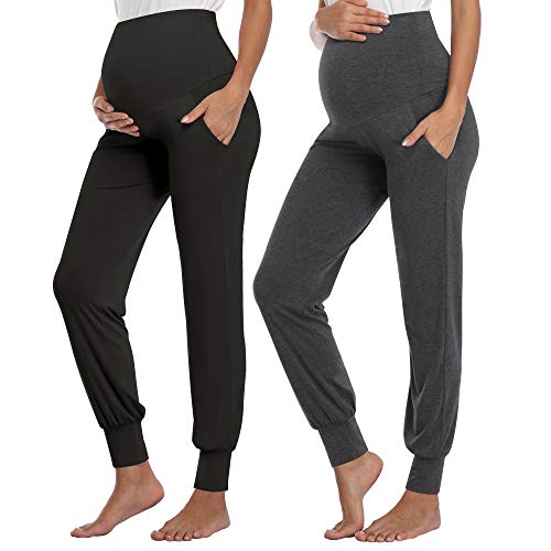 AMPOSH Damen Umstandshose Stretch Lounge Workout Pants Casual Loose Comfy Schwangerschaft Jogger mit Taschen - Schwarz - Mittel von AMPOSH