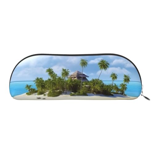AMREWQYL Bedrucktes Federmäppchen aus Leder mit Insel und Strand, tragbare Schreibwaren-Tasche von AMREWQYL
