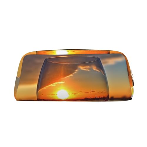 AMREWQYL Bedrucktes Federmäppchen mit Weinglas im Sonnenuntergang, 3D-Leder-Federmäppchen mit Reißverschluss von AMREWQYL