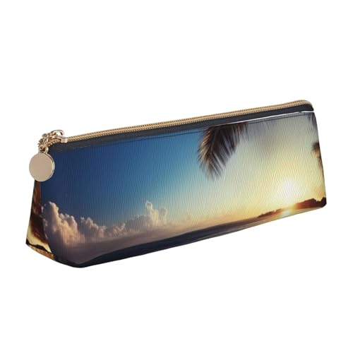 AMREWQYL Bedrucktes Leder-Federmäppchen mit Nacht- und Strandansicht von AMREWQYL