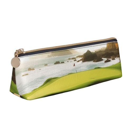 AMREWQYL Bedrucktes Leder-Federmäppchen mit Strand-Golfplatz, tragbare Schreibwaren-Tasche von AMREWQYL