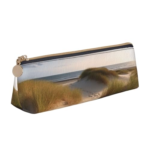 AMREWQYL Bedrucktes Leder-Federmäppchen mit Stranddünen, tragbare Schreibwaren-Tasche von AMREWQYL