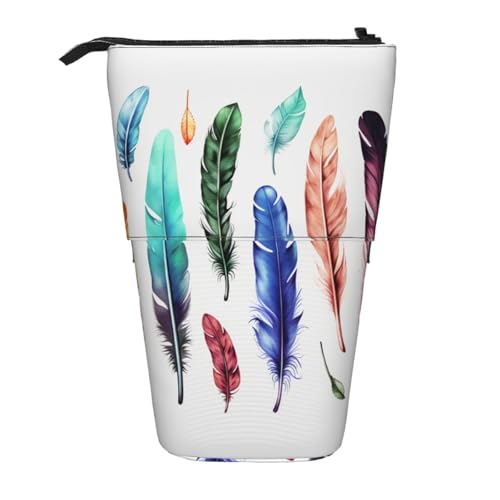 AMREWQYL Bunte handgezeichnete Federn auf weißem bedrucktem Bleistift-Teleskop-Aufbewahrungstasche von AMREWQYL