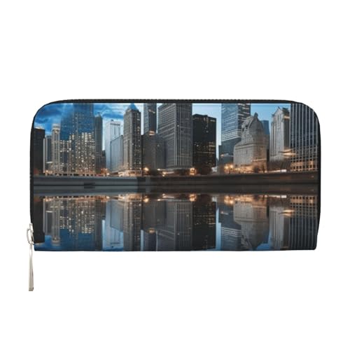 AMREWQYL Chicago Reflected Printed Leather Hand Wallet Women Travel Wallet Credit Card Wallet, Schwarz, Einheitsgröße von AMREWQYL