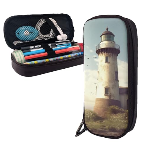 AMREWQYL Federmäppchen aus Leder mit Aufdruck "Old Lighthouse" von AMREWQYL