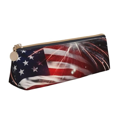 AMREWQYL Federmäppchen aus Leder mit amerikanischer Flagge, Feuerwerk, tragbare Schreibwaren-Tasche von AMREWQYL