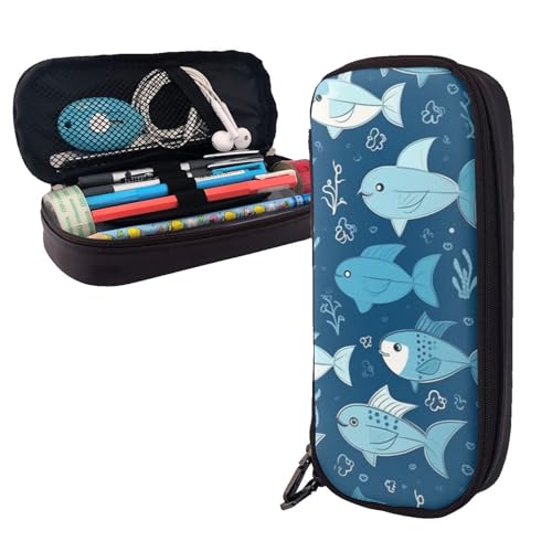 AMREWQYL Federmäppchen aus Leder mit süßem blauen Fisch-Aufdruck von AMREWQYL