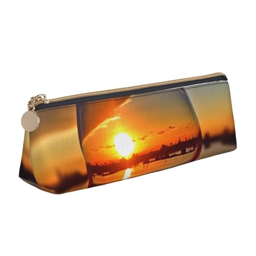 AMREWQYL Federmäppchen mit Weinglas im Sonnenuntergang, bedrucktes Leder-Federmäppchen, tragbare Schreibwaren-Tasche von AMREWQYL