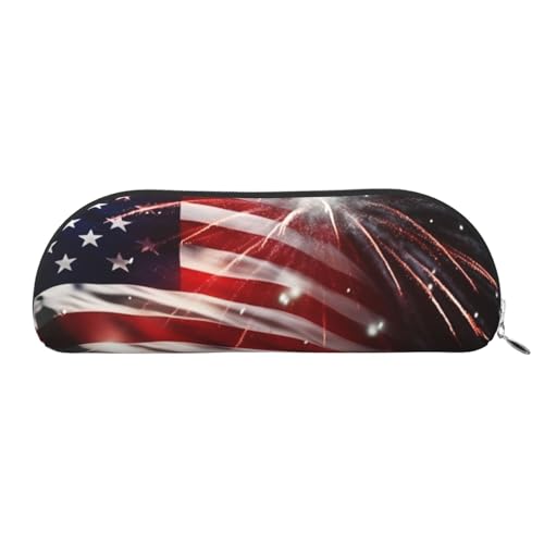 AMREWQYL Federmäppchen mit amerikanischer Flagge, Feuerwerk, Leder, Stifteetui, tragbare Schreibwaren-Tasche von AMREWQYL