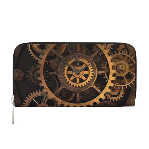 AMREWQYL Gears Clock Bronze Century Printed Leather Hand Wallet Women Travel Wallet Credit Card Wallet, Schwarz, Einheitsgröße von AMREWQYL