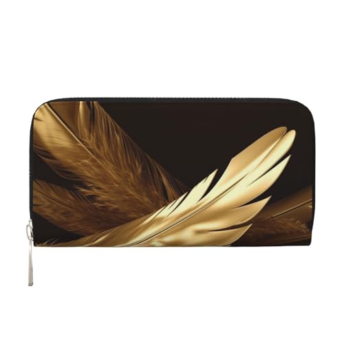 AMREWQYL Golden Feathers Printed Leather Hand Wallet Women Travel Wallet Credit Card Wallet, Schwarz, Einheitsgröße von AMREWQYL