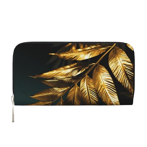 AMREWQYL Golden Plant Leaves Printed Leather Hand Wallet Women Travel Wallet Credit Card Wallet, Schwarz, Einheitsgröße von AMREWQYL