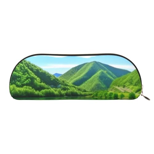 AMREWQYL Green Hills and Water bedrucktes Federmäppchen, Leder-Federmäppchen, tragbare Schreibwaren-Tasche von AMREWQYL