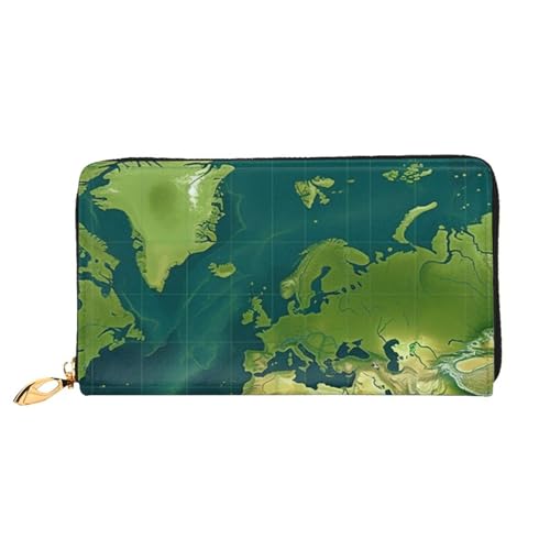 AMREWQYL Green Map Pattern Printed Leather Long Clutch Wallet Women Travel Wallet Credit Card Wallet, Schwarz, Einheitsgröße von AMREWQYL