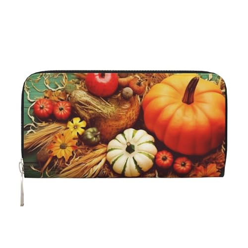AMREWQYL Happy Thanksgiving bedruckte Leder-Handbrieftasche Damen Reisebrieftasche Kreditkarten-Geldbörse, Schwarz, Einheitsgröße von AMREWQYL
