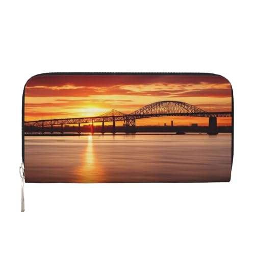 AMREWQYL Newark Bay Bridge and Sunset Printed Leather Hand Wallet Women Travel Wallet Credit Card Wallet, Schwarz, Einheitsgröße von AMREWQYL