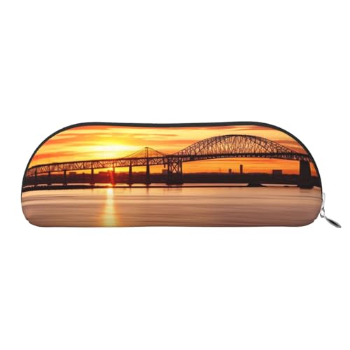 AMREWQYL Newark Bay Bridge und Sunset bedrucktes Federmäppchen, Leder-Federmäppchen, tragbare Schreibwarentasche von AMREWQYL