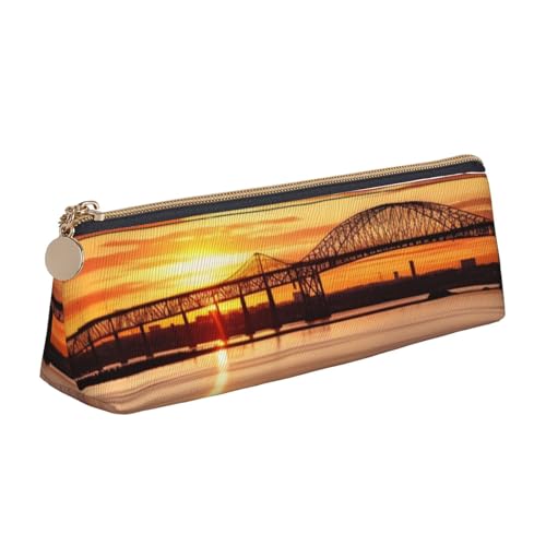 AMREWQYL Newark Bay Bridge und Sunset bedrucktes Leder-Federmäppchen, tragbare Schreibwarentasche von AMREWQYL