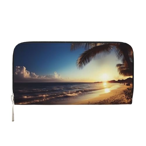 AMREWQYL Night Beach View Printed Leather Hand Wallet Women Travel Wallet Credit Card Wallet, Schwarz, Einheitsgröße von AMREWQYL