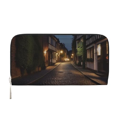 AMREWQYL Nighttime The Cobbles at Street Printed Leather Hand Wallet Women Travel Wallet Credit Card Wallet, Schwarz, Einheitsgröße von AMREWQYL