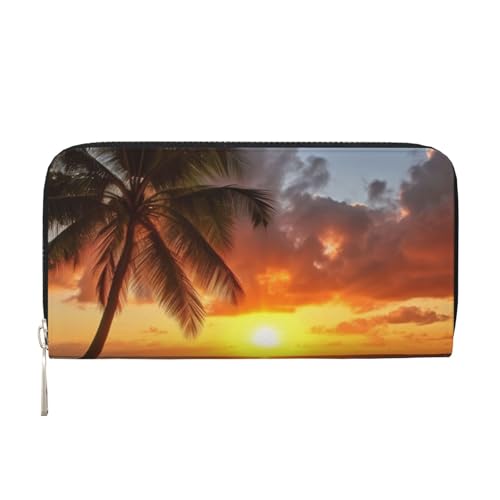AMREWQYL Sunset Hawaiian Palm Tree Printed Leather Hand Wallet Women Travel Wallet Credit Card Wallet, Schwarz, Einheitsgröße von AMREWQYL