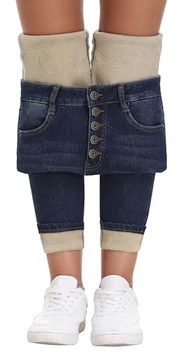 AMRSPENG Damen Fleece Gefüttert Jeans Winter Flanell Gefüttert Hosen Verdicken Stretch Warm Thermo Skinny Jeans, B_navy (vordere Knöpfe), 46 von AMRSPENG