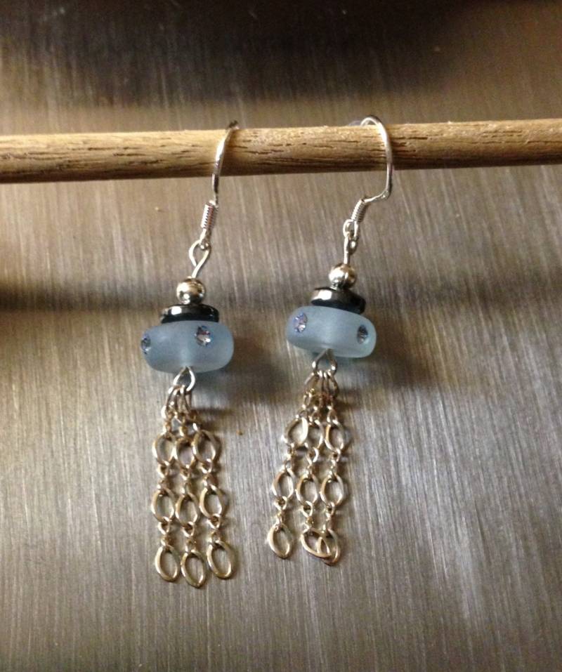 sterling Silber Blau Harzperle Ohrringe Mit Kette von AMRossJewelry