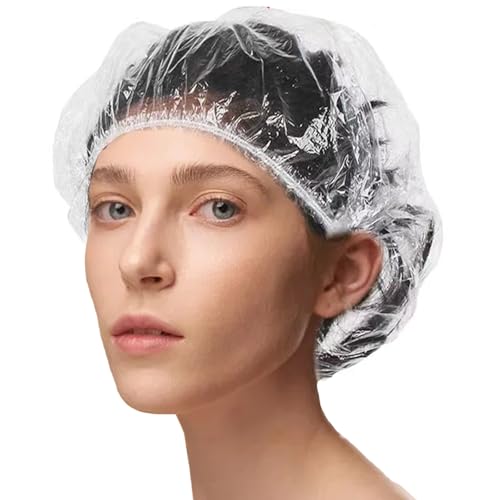 AMSGANK Duschhauben für Damen, 100 Stück Elastische Duschhaube Transparent Haarduschhaube Wasserdichte Duschkappe Geeignet für Salon, Spa, Reise, Hotel, Dusche, Heimgebrauch - 50 cm von AMSGANK