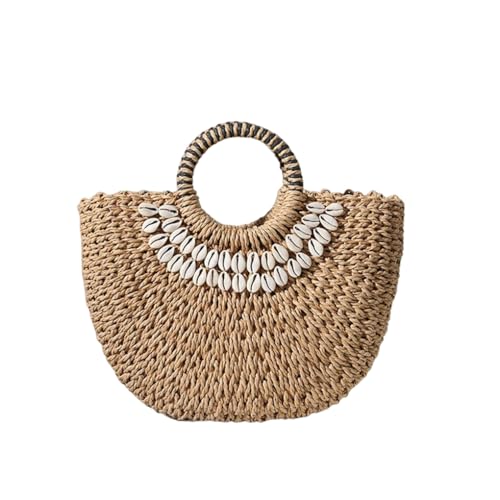 AMSLSIU Half Moon Rattan Damen Handtaschen Wicker Woven Handtaschen Beach Shell Decor Bohemian Style Large Capacity Tote Travel, Kaffeefarbe von AMSLSIU