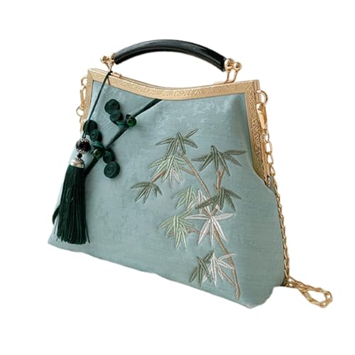 AMSLSIU Quaste, chinesische Schultergurt Handtasche, 23,5 x 10 x 18 cm, Stickerei, Hanfu, Crossbody Kette, Dekoration, Damen Stickerei (grün), hellblau von AMSLSIU