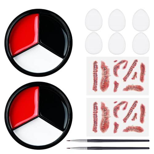 12 Stück Halloween Make Up Set, 2*22.8g Schwarz Weiß Rot Halloween Schminke, 2 Narben Aufkleber, 2 Eyeliner, 6 Mini Pulver, Kinderschminke Karnevals Set, Face Paint Für Theaterschminke Erwachsene von AMSNINK
