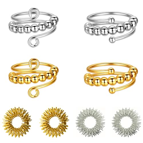 AMSNINK 4 Stück Verstellbare Anti Stress Ring Mit 4 Stück Akupressur Ring, Fidget Ring, Anxiety Ring, Stress Ring, Skills Ringe, Antistress Ringe, Für Mädchen Und Frauen Stress Relief Ängstlichkeit von AMSNINK