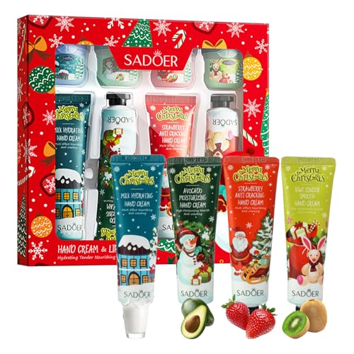 AMSNINK Weihnachts Pflegeset 8-teilig, 4x Handcreme Mini, 4x Lippenpflege, Feuchtigkeitsspendende kleine Weihnachtsgeschenke für Kolleginnen, Kleine Geschenke für Büro und Adventskalender 2025 Frauen von AMSNINK