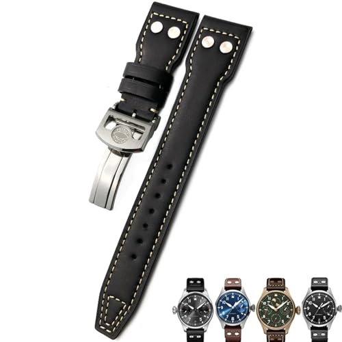 AMSOH 20 mm 21 mm 22 mm Nieten-Uhrenarmband aus Kalbsleder, passend für IWC-Uhr Big PILOT IW5009 SPITFIRE IW3777 Le Petit Prince Mark-Armband(Black white 1,20mm) von AMSOH