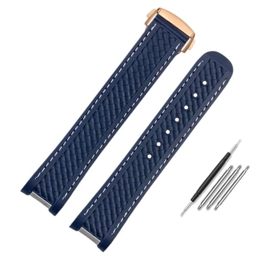 AMSOH 20mm 21mm Gummi Silikon Uhrenarmband für Omega Seamaster 300 AT150 Aqua Terra Ultra Light 8900 Stahlschnalle Blau Armband Armbänder(Blue-rose gold,20mm) von AMSOH