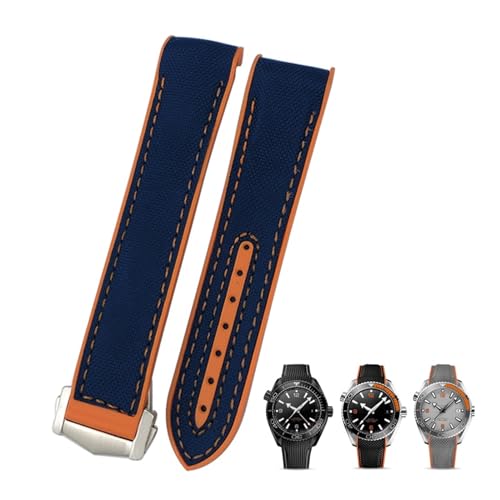 AMSOH 20mm 22mm Gummi-Nylon-Lederarmband passend für Omega Seamaster Diver 300 Planet Ocean 600M Seiko Orange Uhrenarmband(Blue orange nylon,22mm) von AMSOH