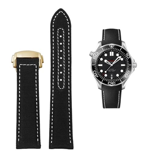 AMSOH Hochdichtes Nylon-Lederarmband für Omega New Seamaster 300 Super Master AT150 Stoffleder AQUA TERRA Herrenarmband 19 mm 20 mm(Black White gold,20mm) von AMSOH
