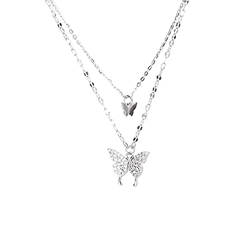 Angelkiss 925 Sterling Silber Halskette Glänzende Schmetterling Quaste Weibliche Doppelschicht Anhänger Schlüsselbein Kette Hochzeit Party Schmuck,Silber von Angelkiss