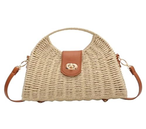 Sommer Strandtasche Damen Sommer-Strohtasche für Damen, handgewebte Handtasche mit Top-Griff, Umhängetasche Stroh Handtasche Geflochten(A) von AMULONG