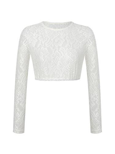 AMUSELIEBE Damen Dirndlbluse Oberteil Langarm Durchsichtig Rundhals Blumen Spitze Bluse Shirt, Weiß Rundhals Langarm Damen Dirndlblusen von AMUSELIEBE