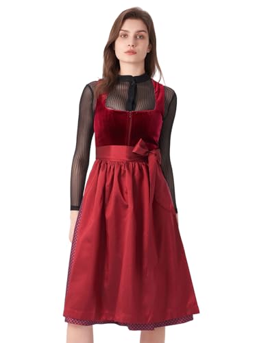 AMUSELIEBE Damen Midi Dirndl Elegante Trachtenkleid für Oktoberfest, Bayerische Tracht Oktoberfest Damen Outfit Rot Gerader Ausschnitt Strukturierter Dirndl Gr. 36 von AMUSELIEBE